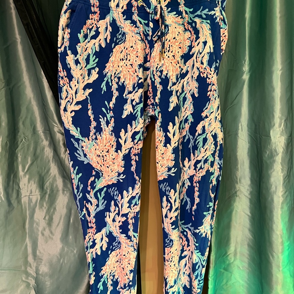 Lilly Pulitzer Blue and Pink Joggers with Ornate Floral Design